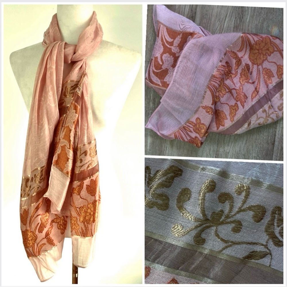 🆕 Fine woven scarf: long, soft in pink, copper & gold w/arabesques & flowers - Picture 8 of 16